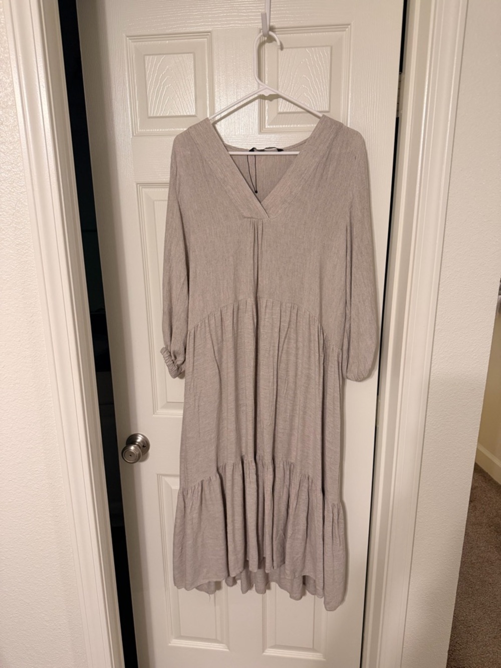 Zara Neutral Taupe Tiered V-Neck Midi Dress